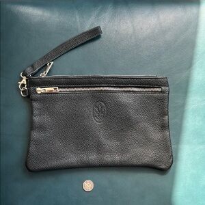 Black Leather Wristlet Clutch with Silver Zip